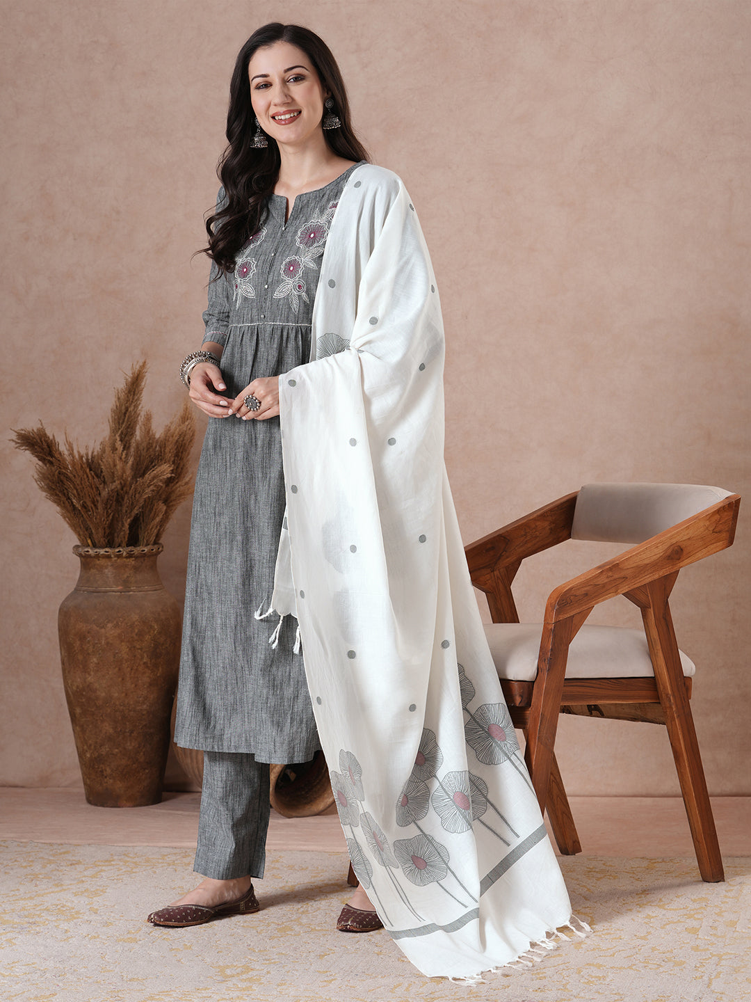 Classic Slate Grey Cotton Kurta Set with Intricate Embroidery, Handloom Dupatta and Self Pants