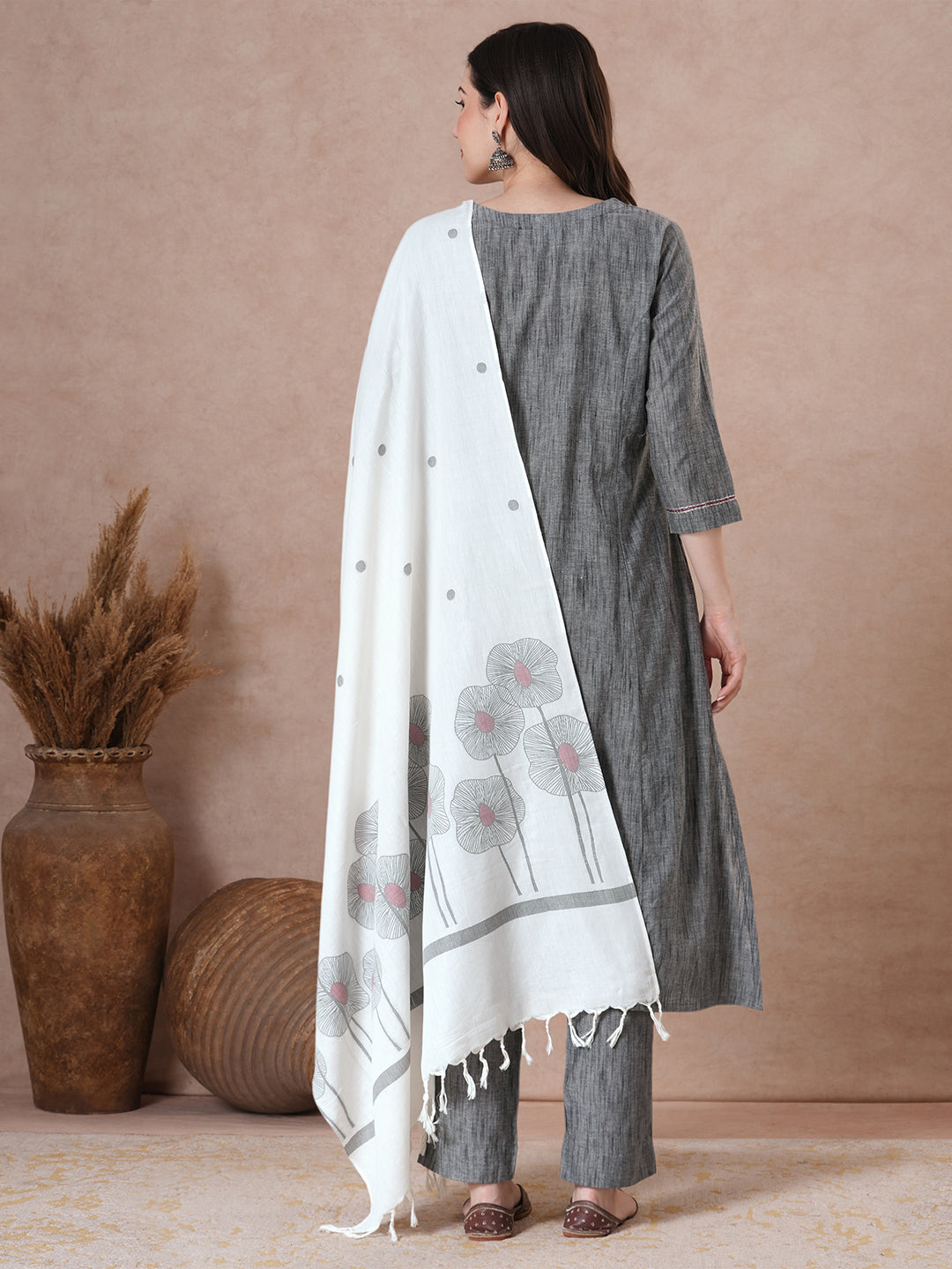 Classic Slate Grey Cotton Kurta Set with Intricate Embroidery, Handloom Dupatta and Self Pants