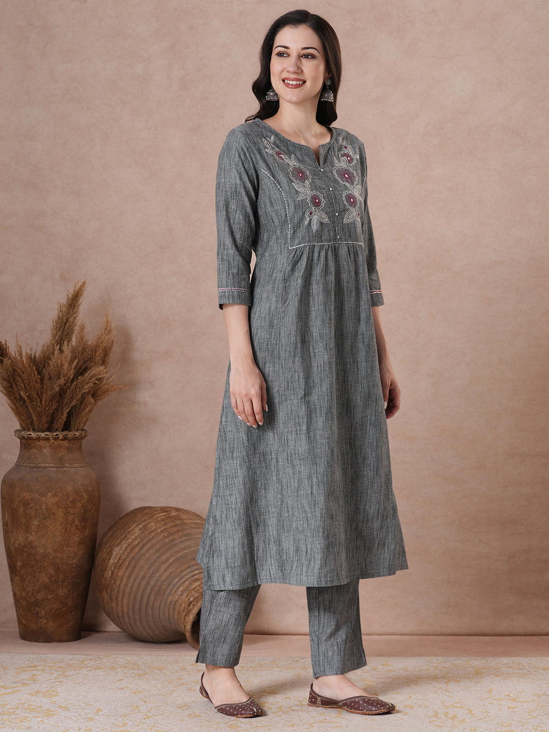 Classic Slate Grey Cotton Kurta Set with Intricate Embroidery, Handloom Dupatta and Self Pants