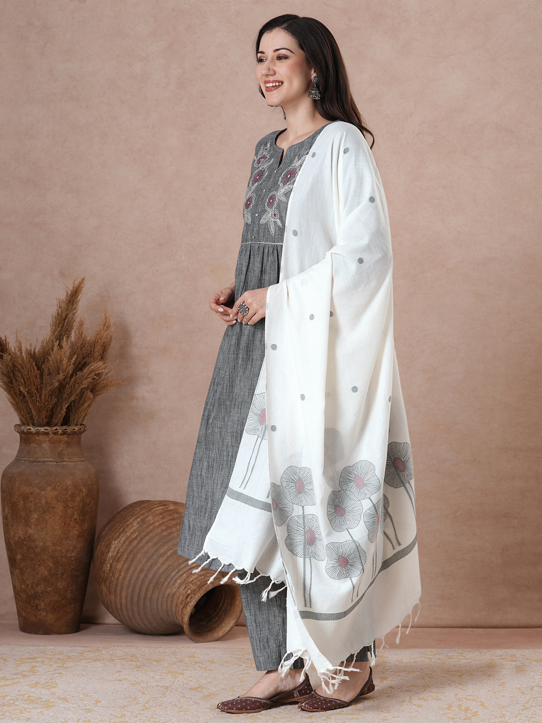Classic Slate Grey Cotton Kurta Set with Intricate Embroidery, Handloom Dupatta and Self Pants