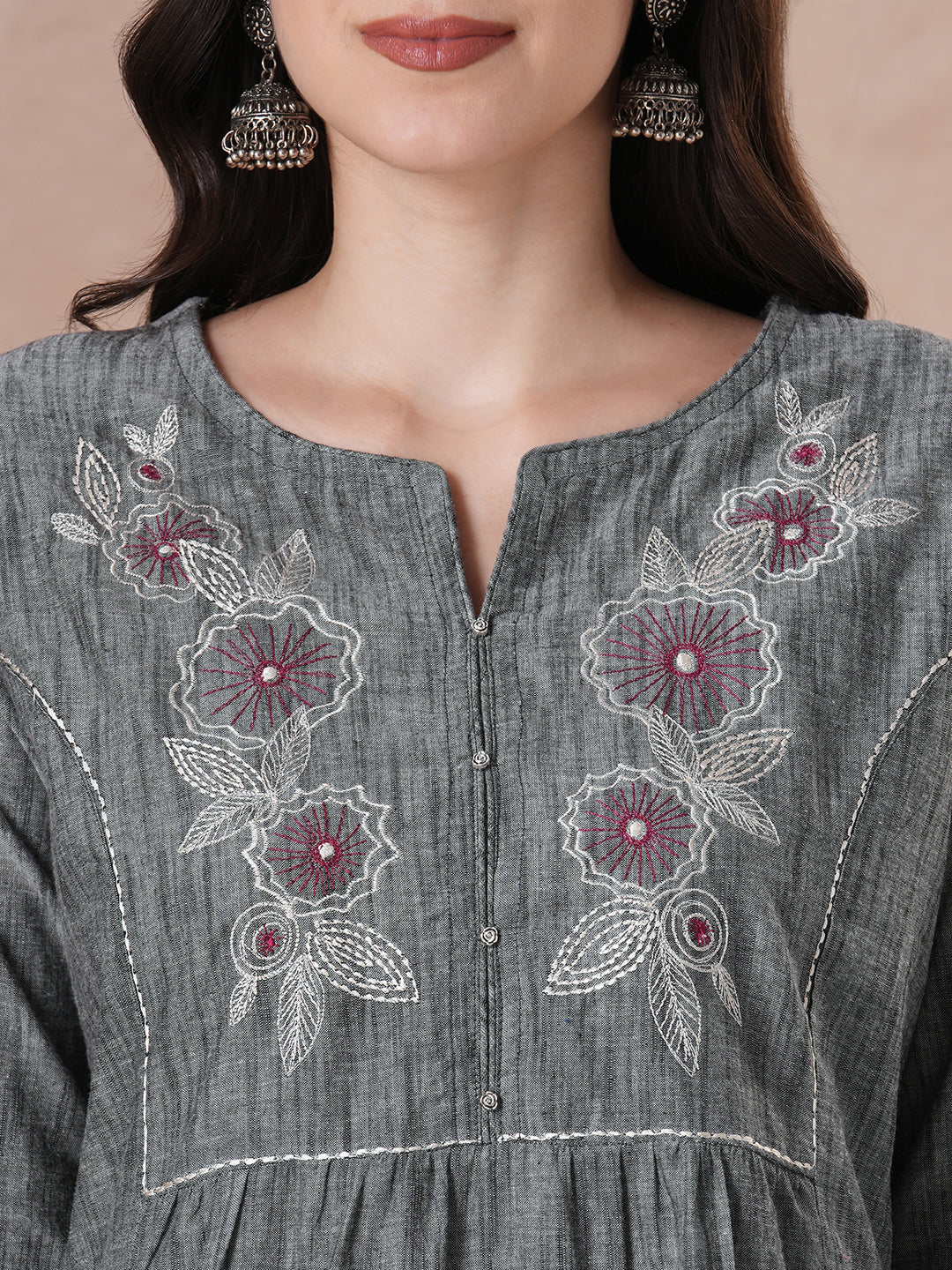 Classic Slate Grey Cotton Kurta Set with Intricate Embroidery, Handloom Dupatta and Self Pants