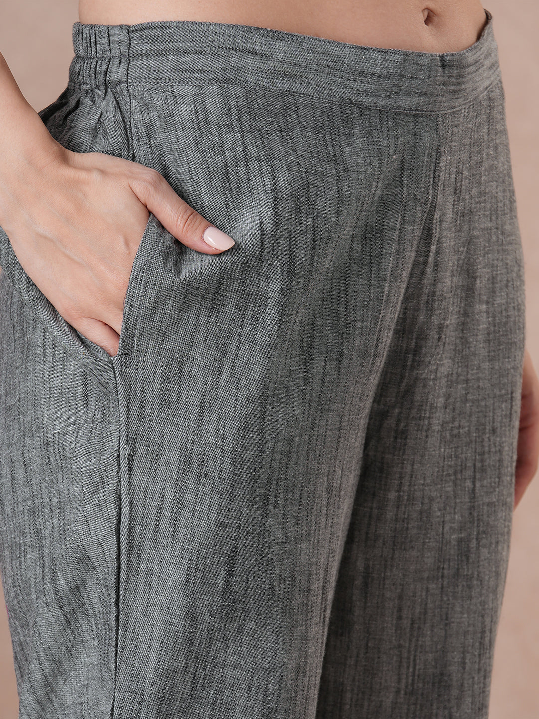 Classic Slate Grey Cotton Kurta Set with Intricate Embroidery, Handloom Dupatta and Self Pants