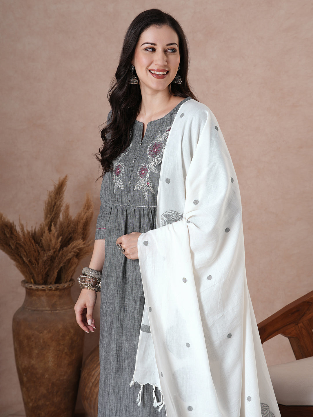 Classic Slate Grey Cotton Kurta Set with Intricate Embroidery, Handloom Dupatta and Self Pants