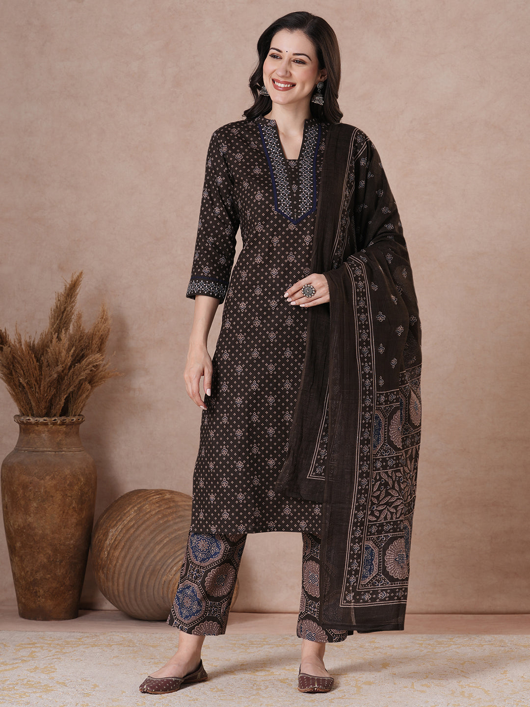 Charcoal Black Micro Print Kurta Set with Lace Detail.