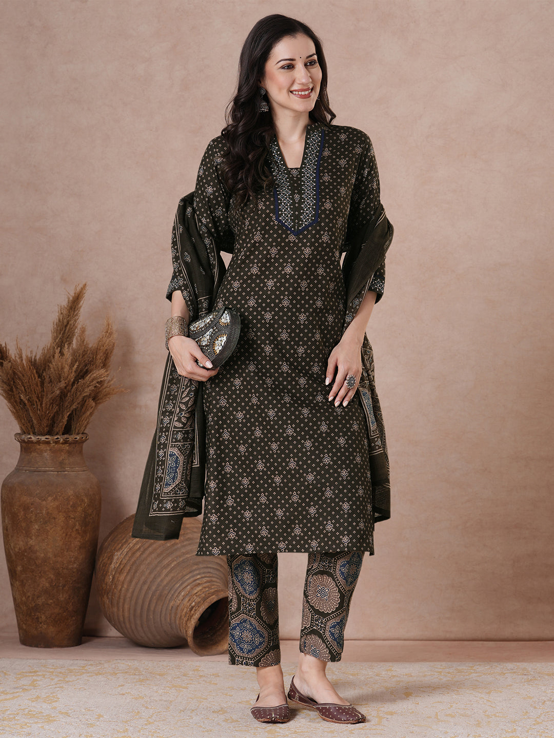 Charcoal Black Micro Print Kurta Set with Lace Detail.
