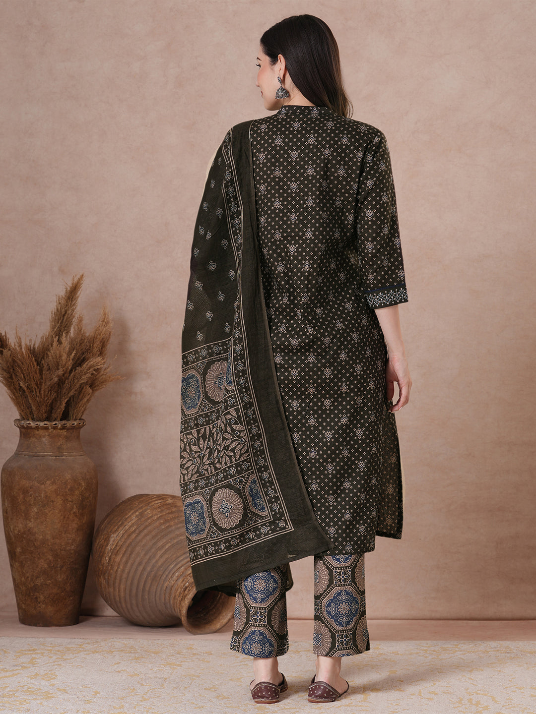 Charcoal Black Micro Print Kurta Set with Lace Detail.