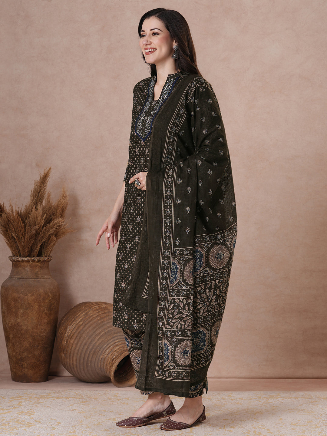 Charcoal Black Micro Print Kurta Set with Lace Detail.