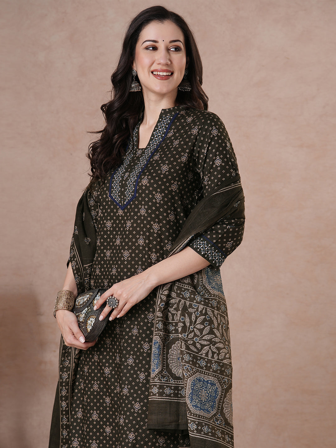 Charcoal Black Micro Print Kurta Set with Lace Detail.