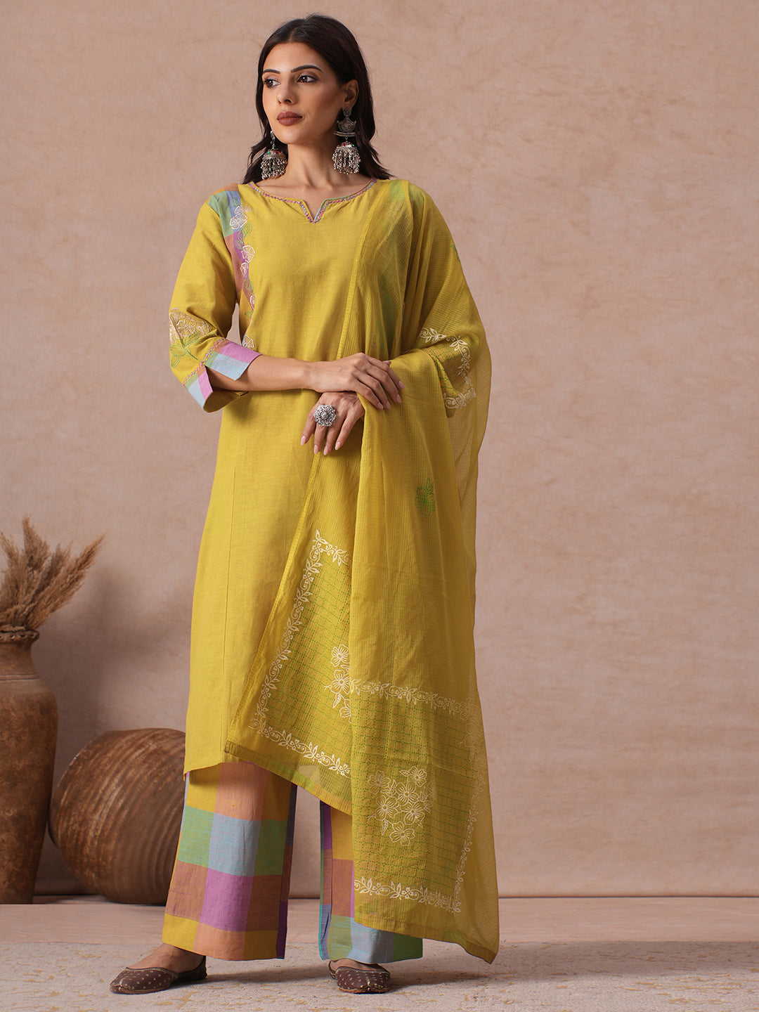 Straight fit Cotton Kurta Set with Embroidery & Handwork and Checkered Palazzos, Solid Kota Dupatta.