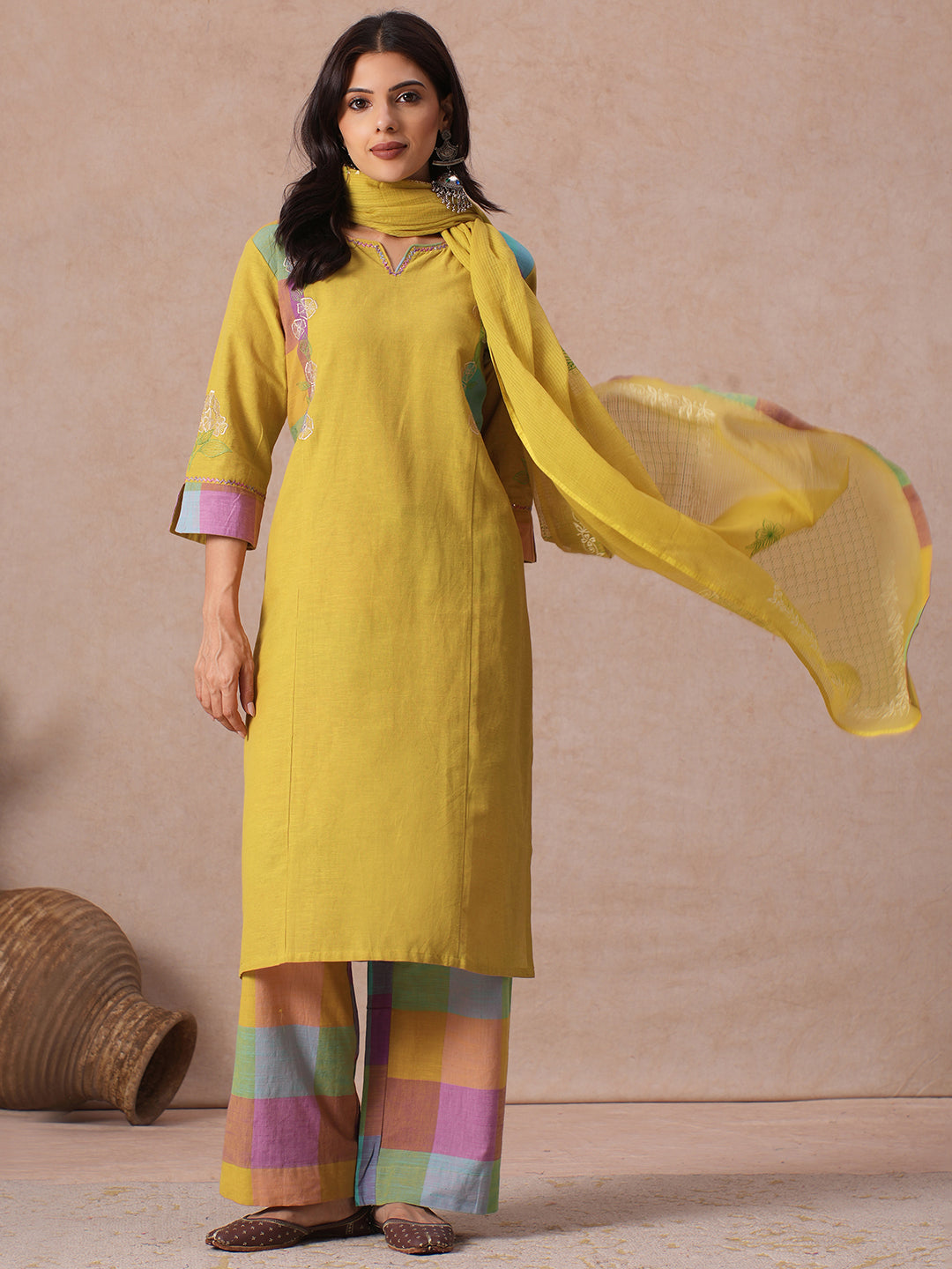 Straight fit Cotton Kurta Set with Embroidery & Handwork and Checkered Palazzos, Solid Kota Dupatta.
