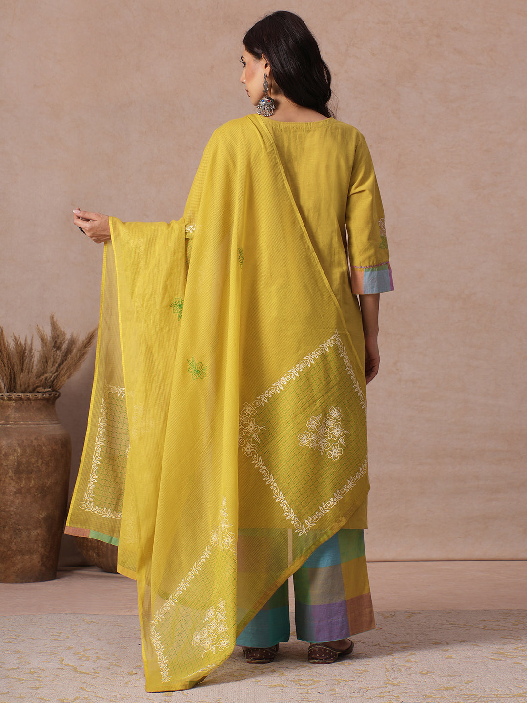 Straight fit Cotton Kurta Set with Embroidery & Handwork and Checkered Palazzos, Solid Kota Dupatta.