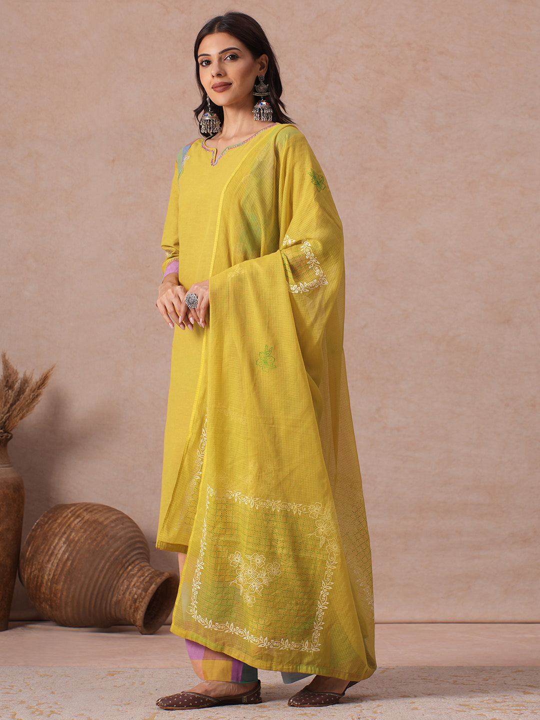Straight fit Cotton Kurta Set with Embroidery & Handwork and Checkered Palazzos, Solid Kota Dupatta.