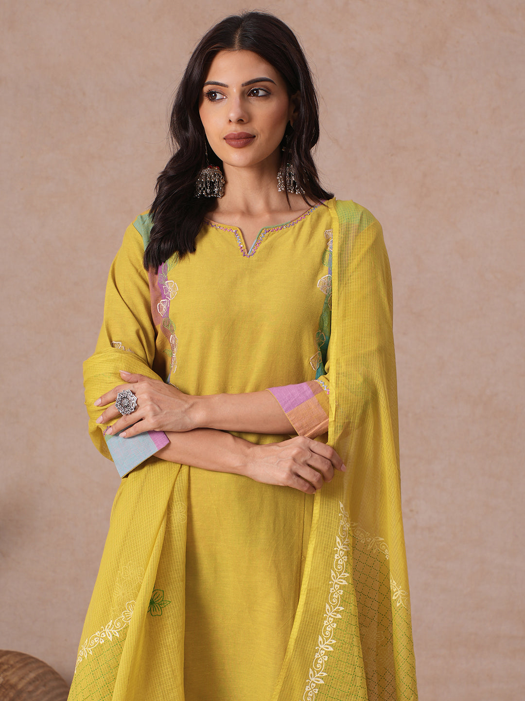 Straight fit Cotton Kurta Set with Embroidery & Handwork and Checkered Palazzos, Solid Kota Dupatta.