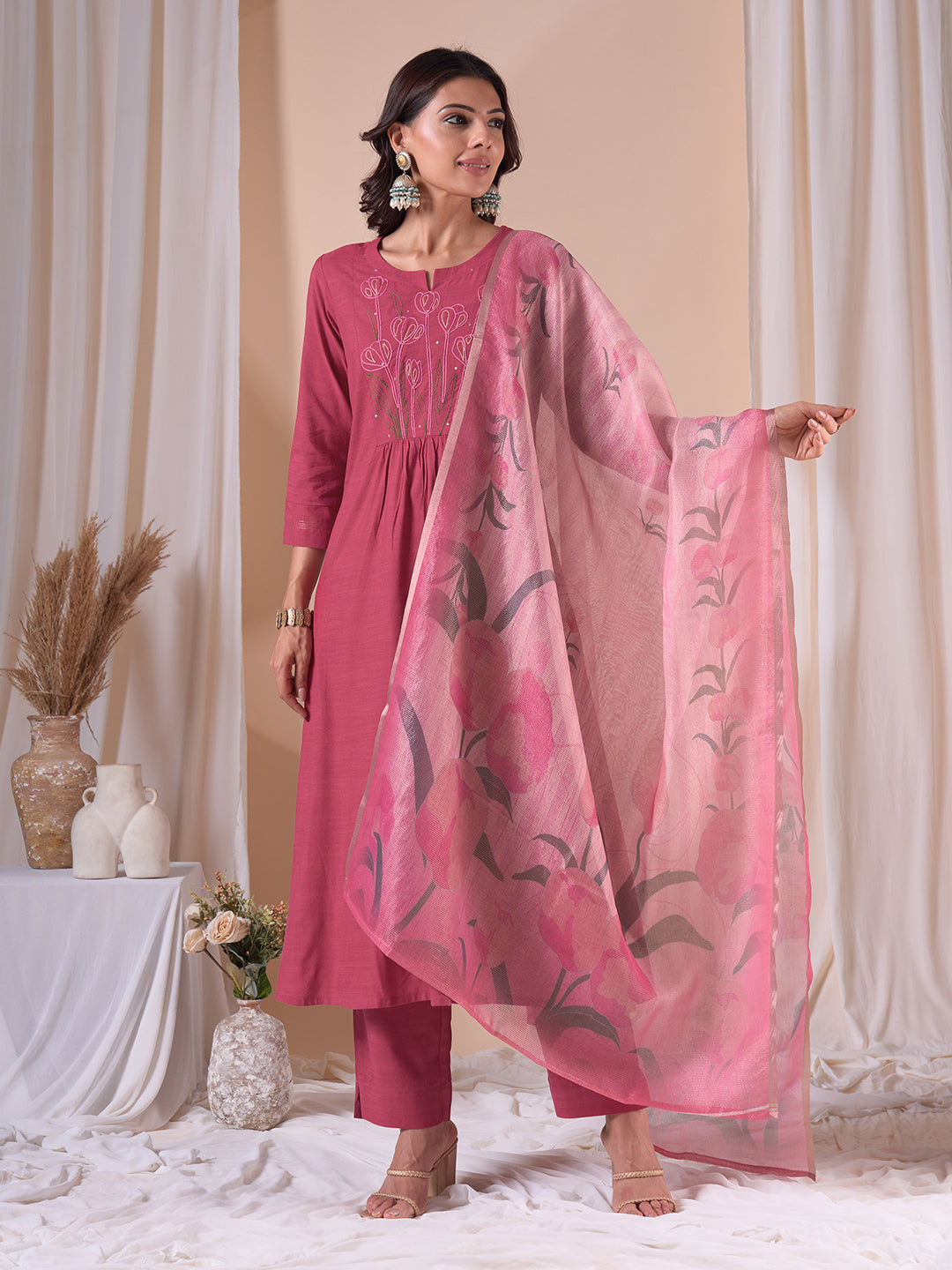Flared south cotton dupatta Set with dori work, Plain Bottom & Printed Kota Zari Dupatta.