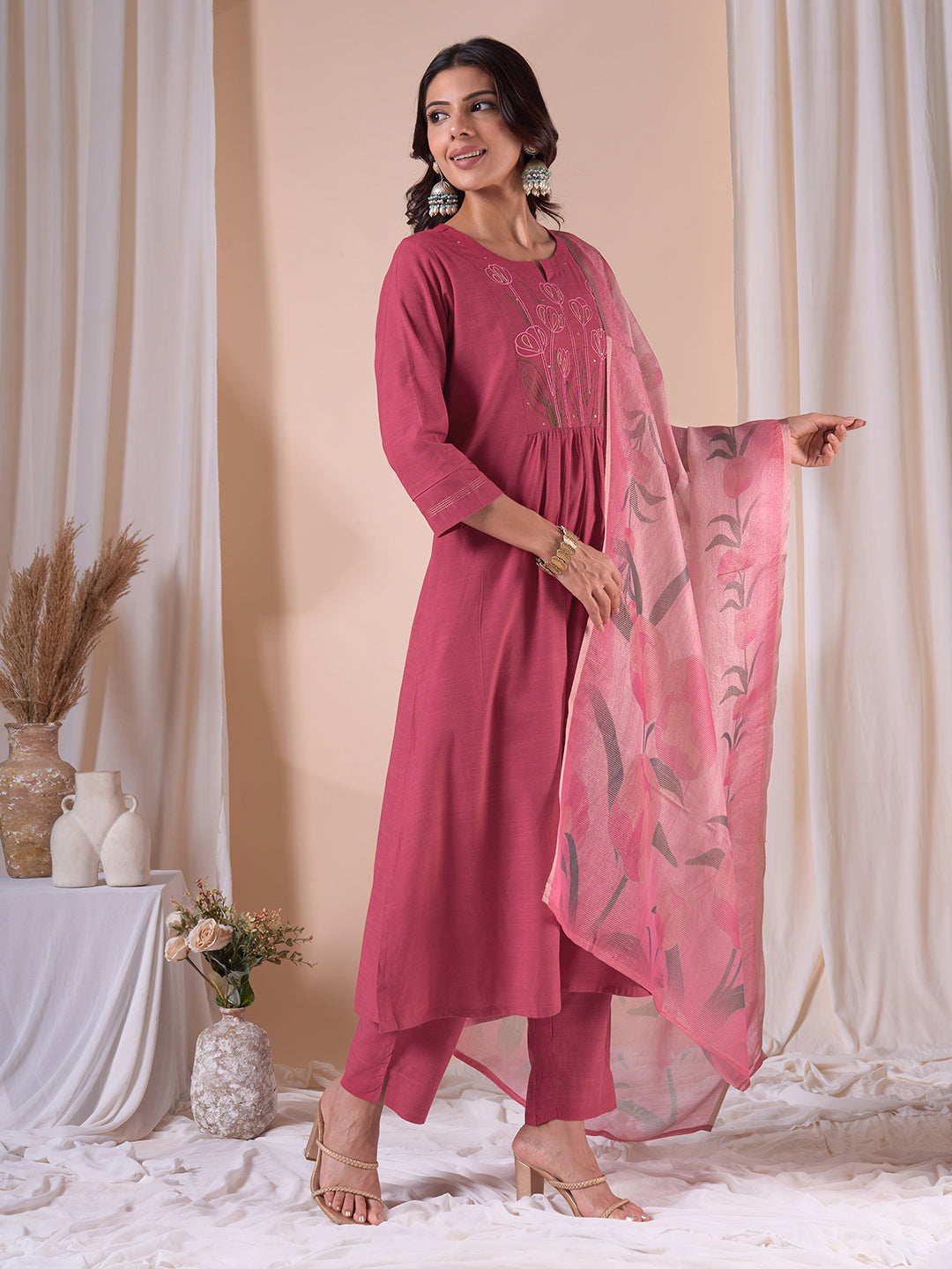 Flared south cotton dupatta Set with dori work, Plain Bottom & Printed Kota Zari Dupatta.