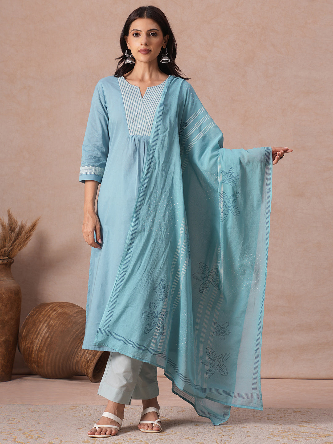 Cotton Flared Kurta Set with Block Print & Handwork, Printed Bottom & Printed Mul Dupatta.