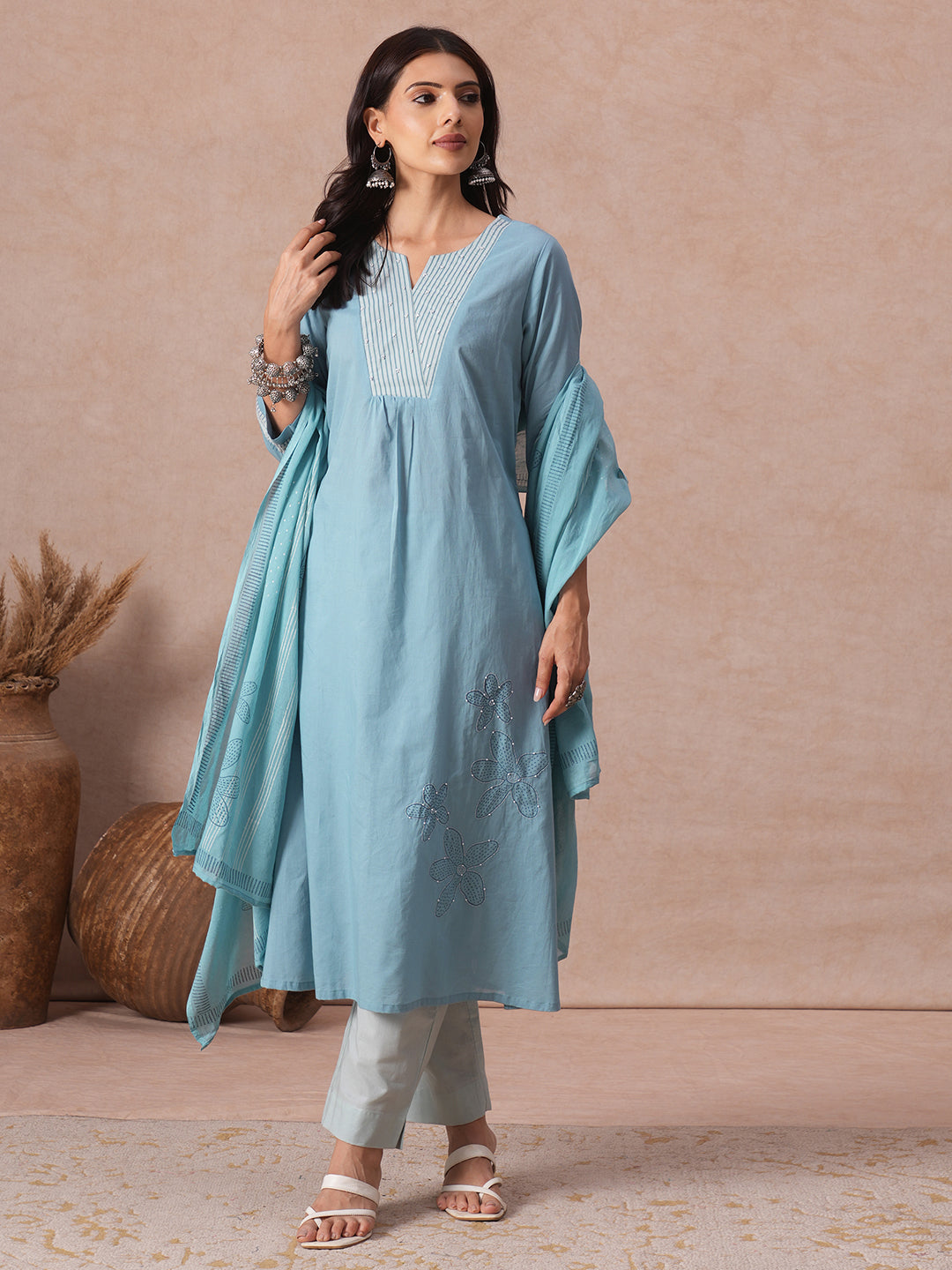 Cotton Flared Kurta Set with Block Print & Handwork, Printed Bottom & Printed Mul Dupatta.