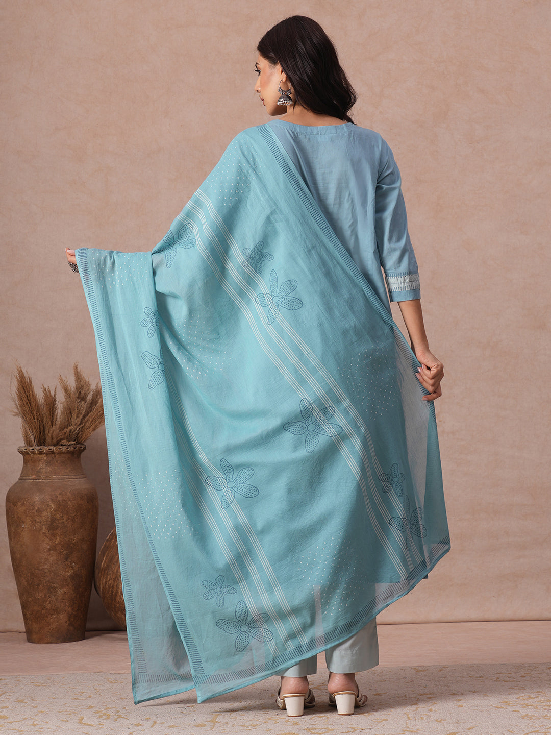 Cotton Flared Kurta Set with Block Print & Handwork, Printed Bottom & Printed Mul Dupatta.