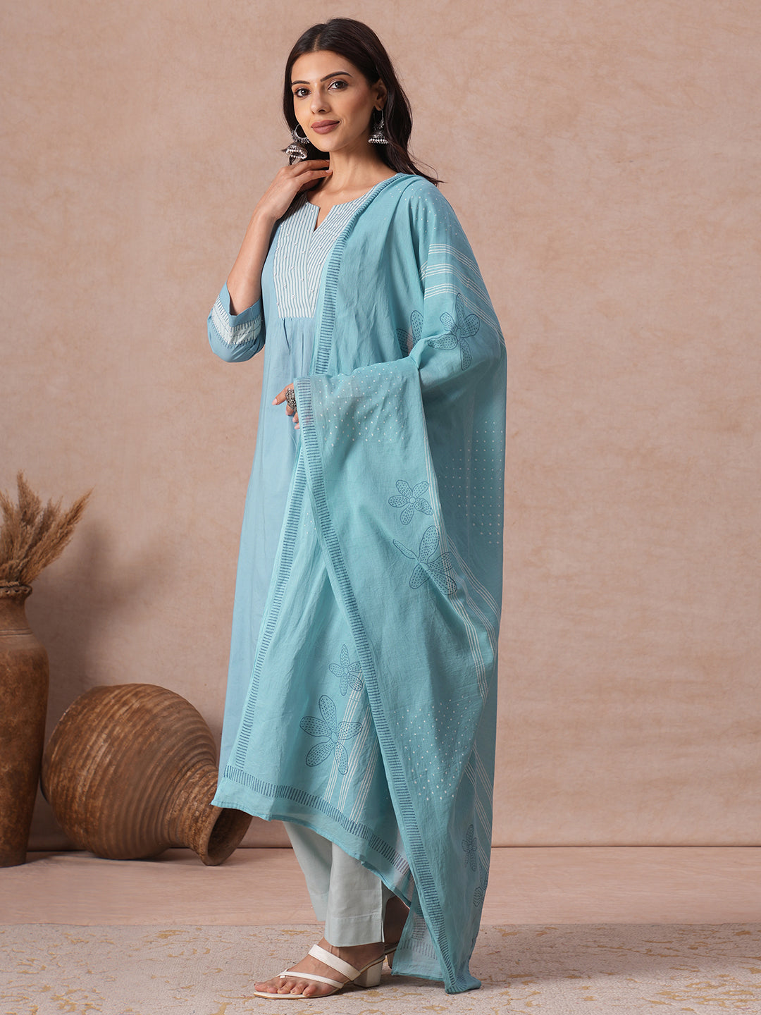 Cotton Flared Kurta Set with Block Print & Handwork, Printed Bottom & Printed Mul Dupatta.