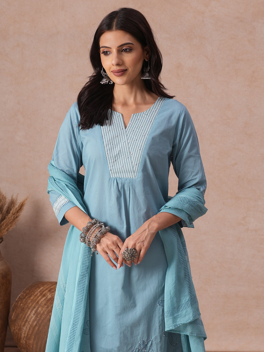 Cotton Flared Kurta Set with Block Print & Handwork, Printed Bottom & Printed Mul Dupatta.