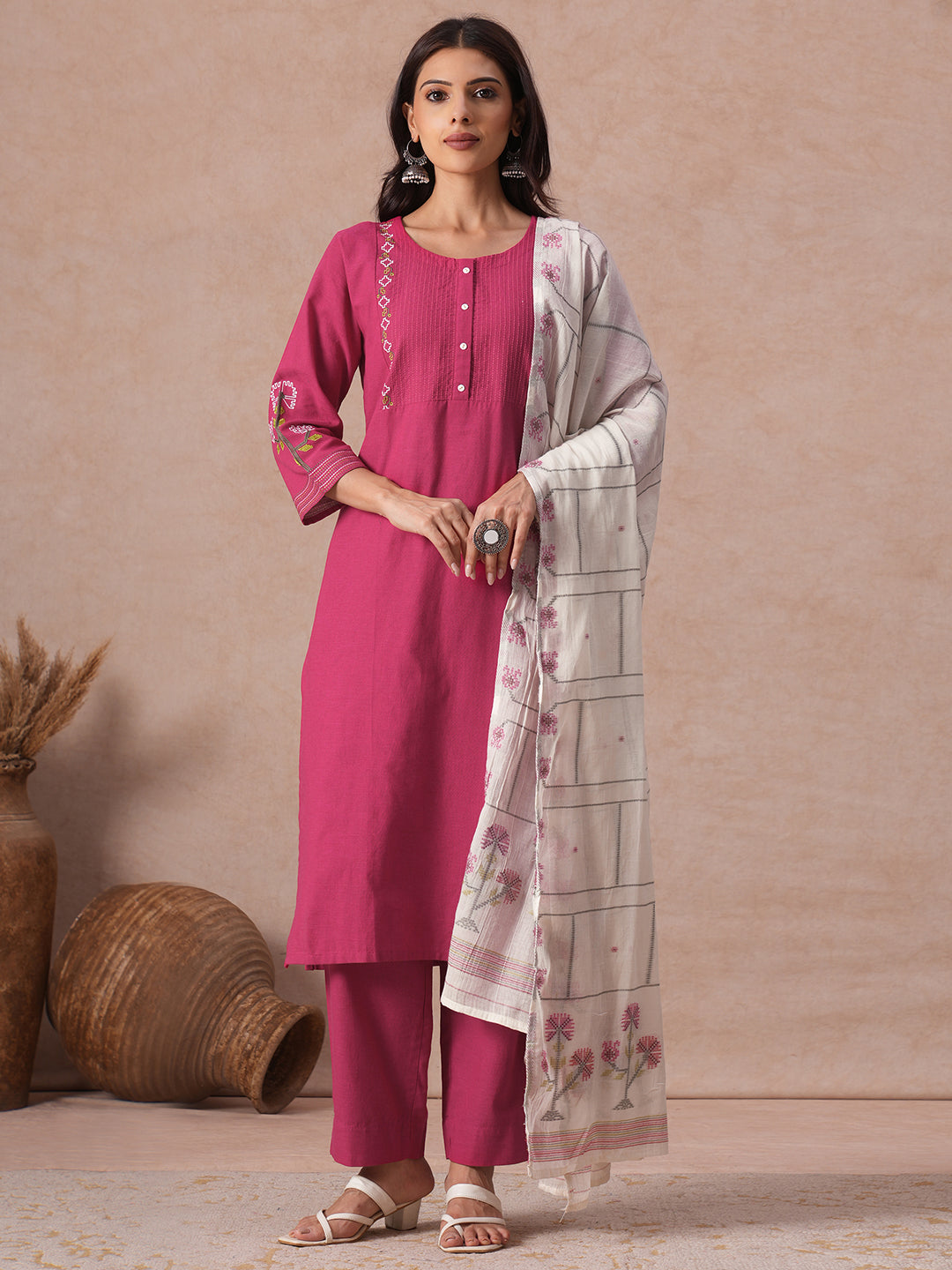 Straight Fit Cotton Kurta Set with Geometric Floral Embroidery, Printed Dupatta & Solid Bottom.