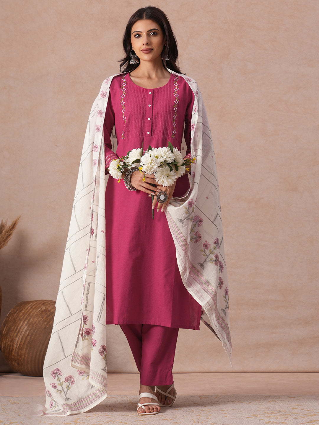 Straight Fit Cotton Kurta Set with Geometric Floral Embroidery, Printed Dupatta & Solid Bottom.