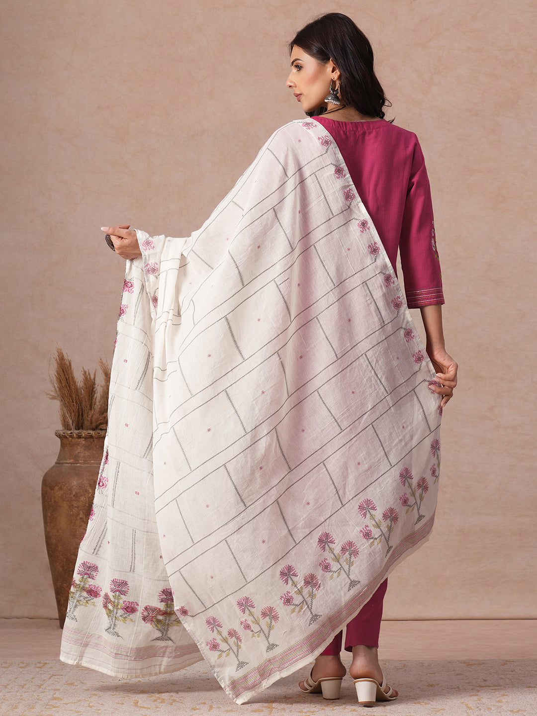 Straight Fit Cotton Kurta Set with Geometric Floral Embroidery, Printed Dupatta & Solid Bottom.