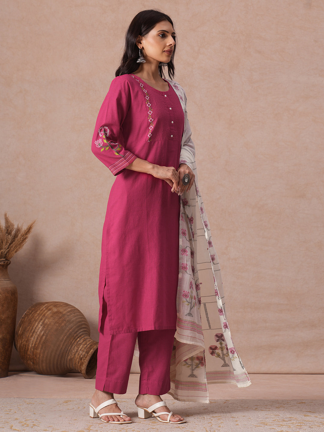 Straight Fit Cotton Kurta Set with Geometric Floral Embroidery, Printed Dupatta & Solid Bottom.