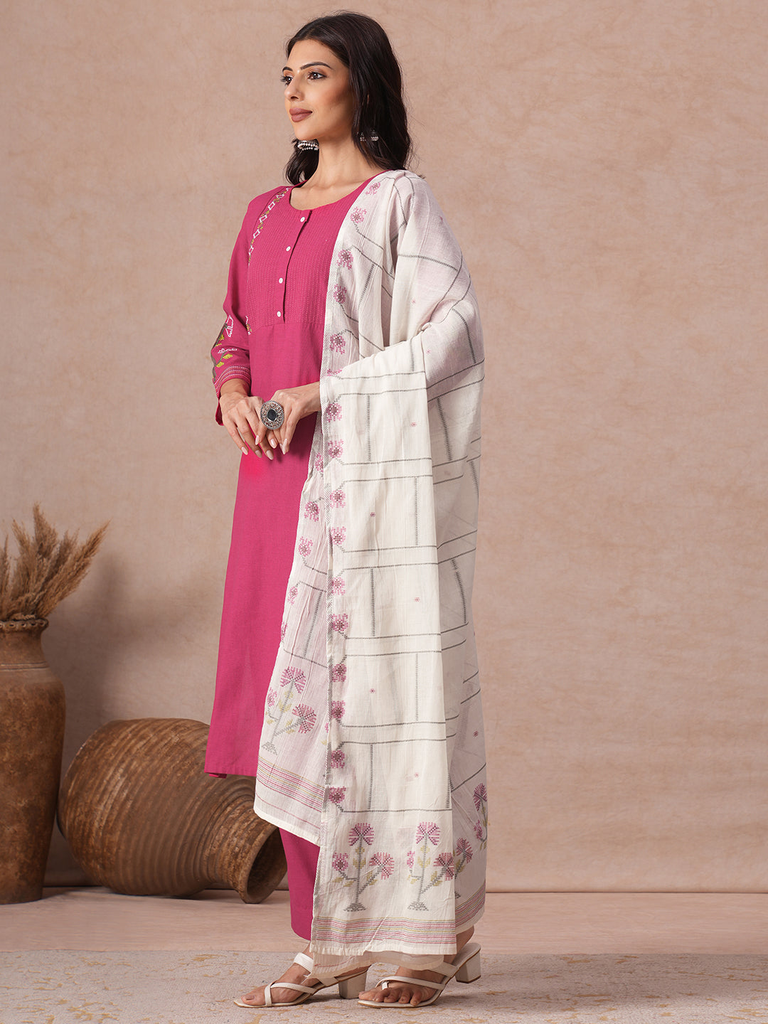 Straight Fit Cotton Kurta Set with Geometric Floral Embroidery, Printed Dupatta & Solid Bottom.