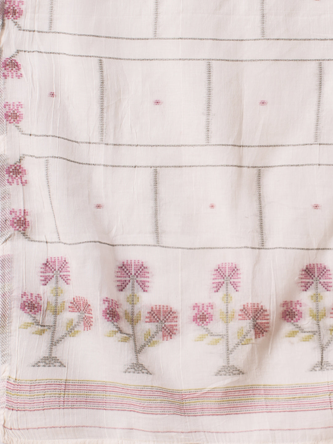 Straight Fit Cotton Kurta Set with Geometric Floral Embroidery, Printed Dupatta & Solid Bottom.
