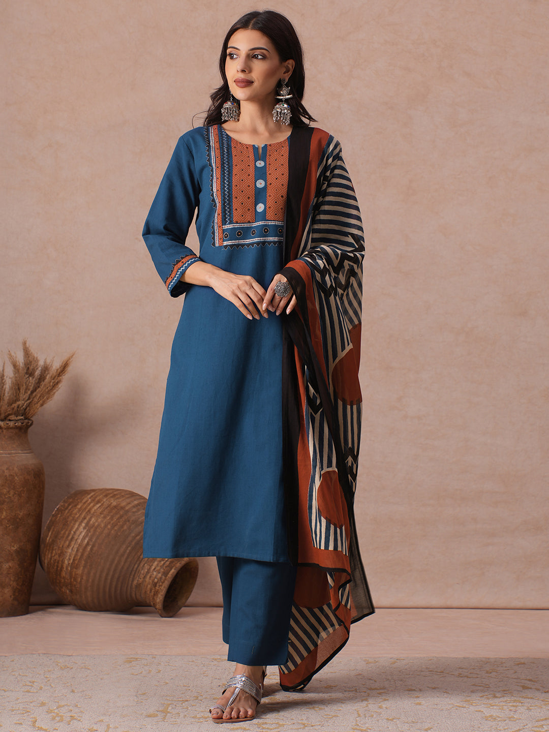 Cotton Straight Fit Kurta Set with Geometric Floral Embroidery, Printed Dupatta & Solid Bottom.