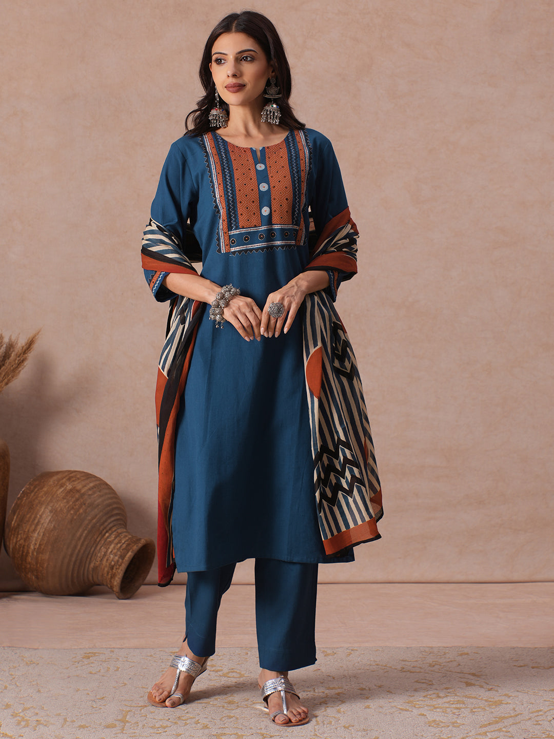 Cotton Straight Fit Kurta Set with Geometric Floral Embroidery, Printed Dupatta & Solid Bottom.