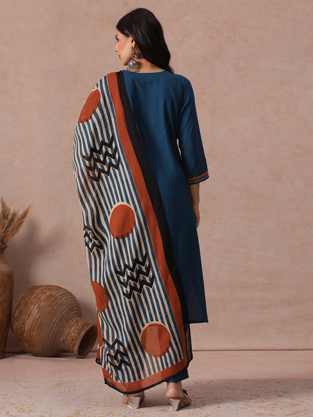 Cotton Straight Fit Kurta Set with Geometric Floral Embroidery, Printed Dupatta & Solid Bottom.
