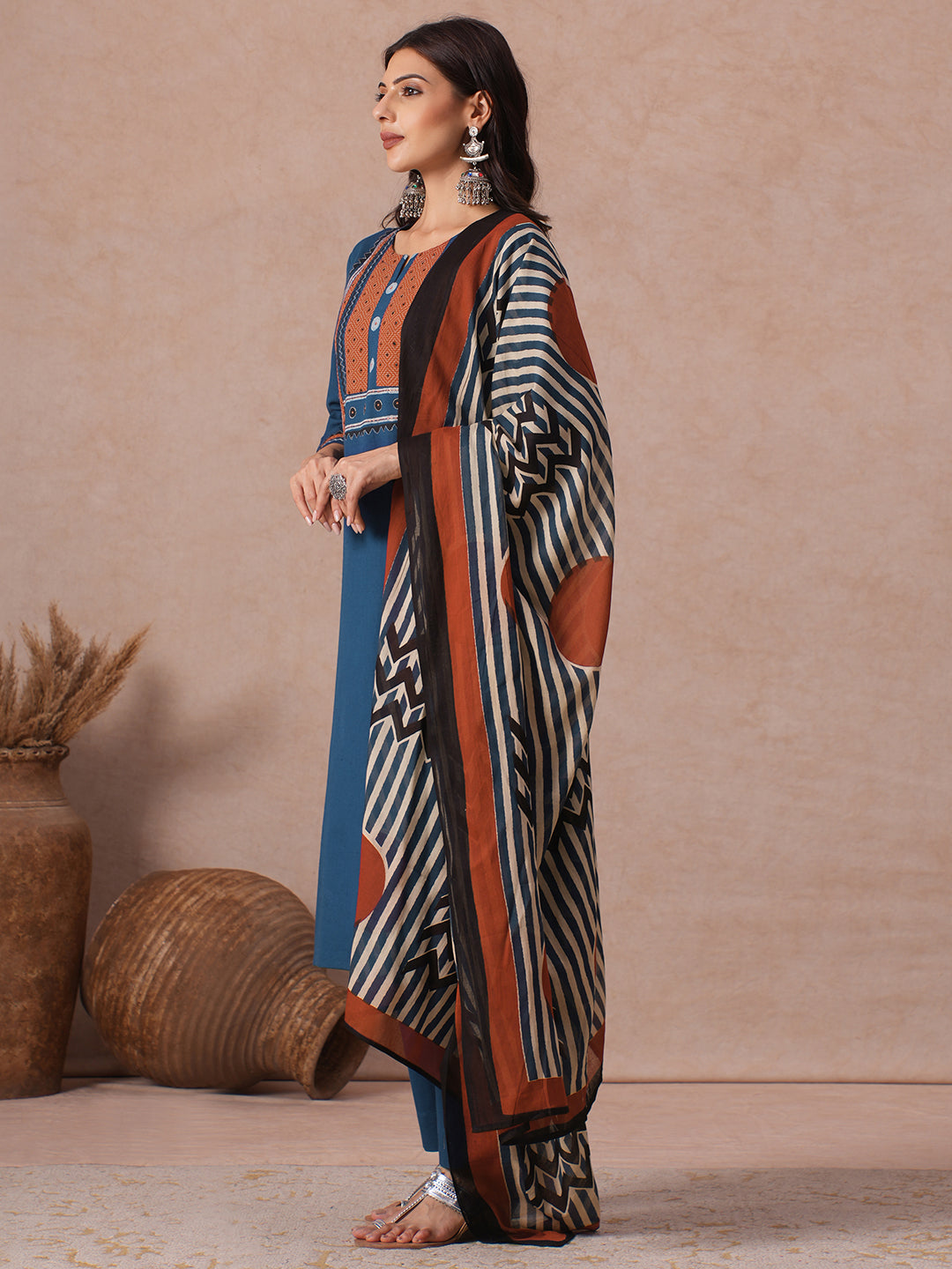 Cotton Straight Fit Kurta Set with Geometric Floral Embroidery, Printed Dupatta & Solid Bottom.