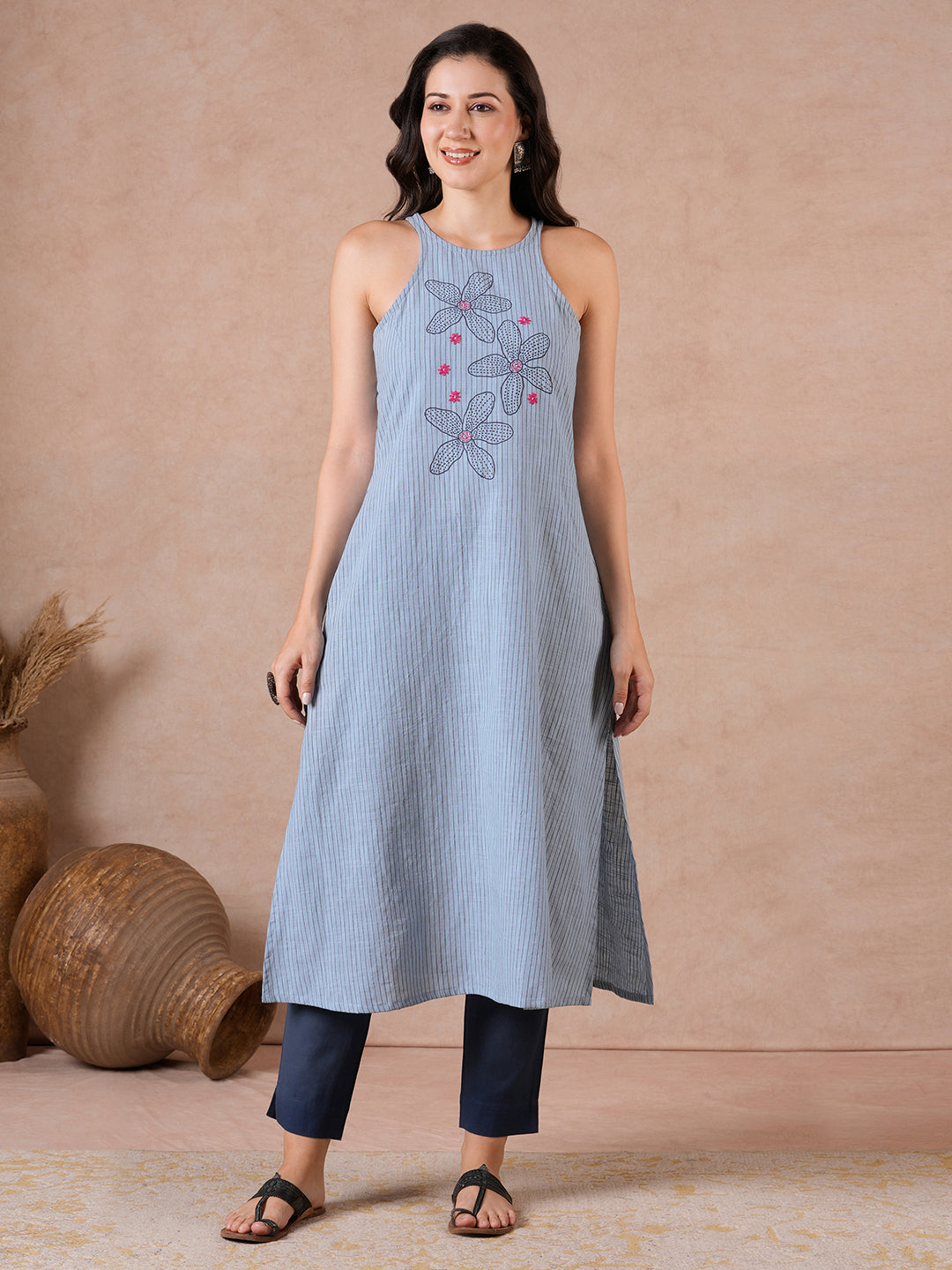A-Line Cotton Stripe Kurta with Hand Block Print & Hand Embroidery.