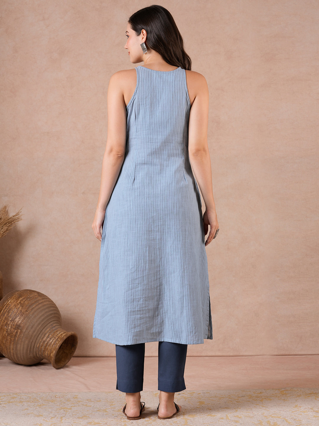A-Line Cotton Stripe Kurta with Hand Block Print & Hand Embroidery.