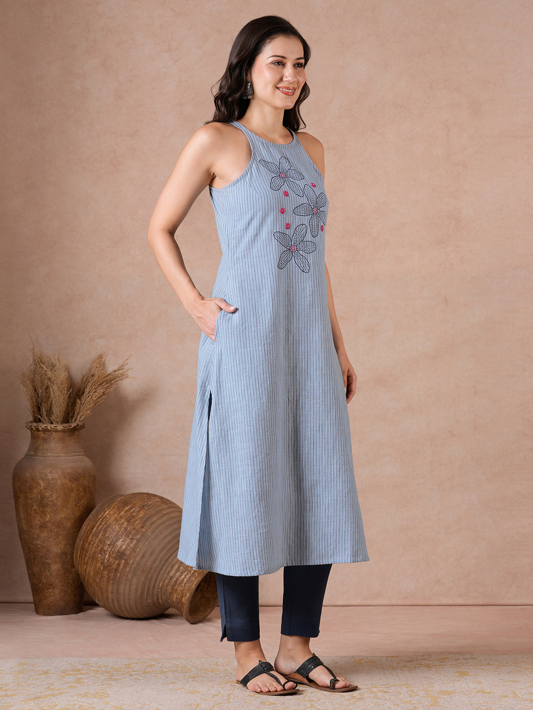 A-Line Cotton Stripe Kurta with Hand Block Print & Hand Embroidery.