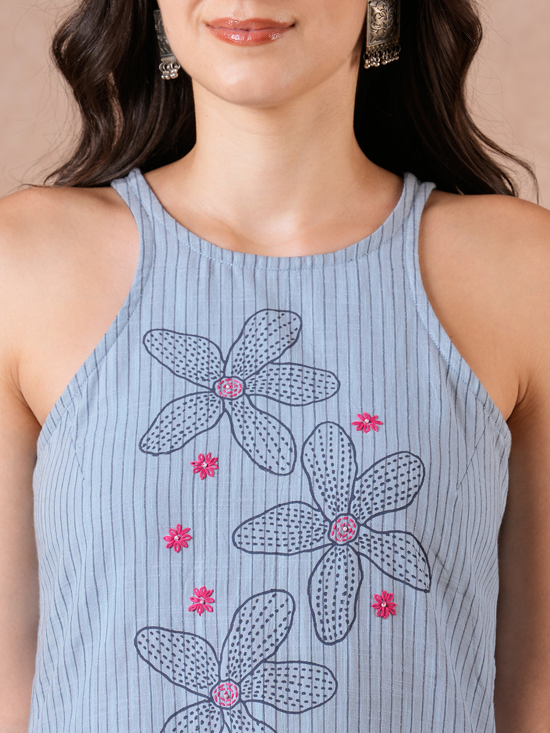 A-Line Cotton Stripe Kurta with Hand Block Print & Hand Embroidery.