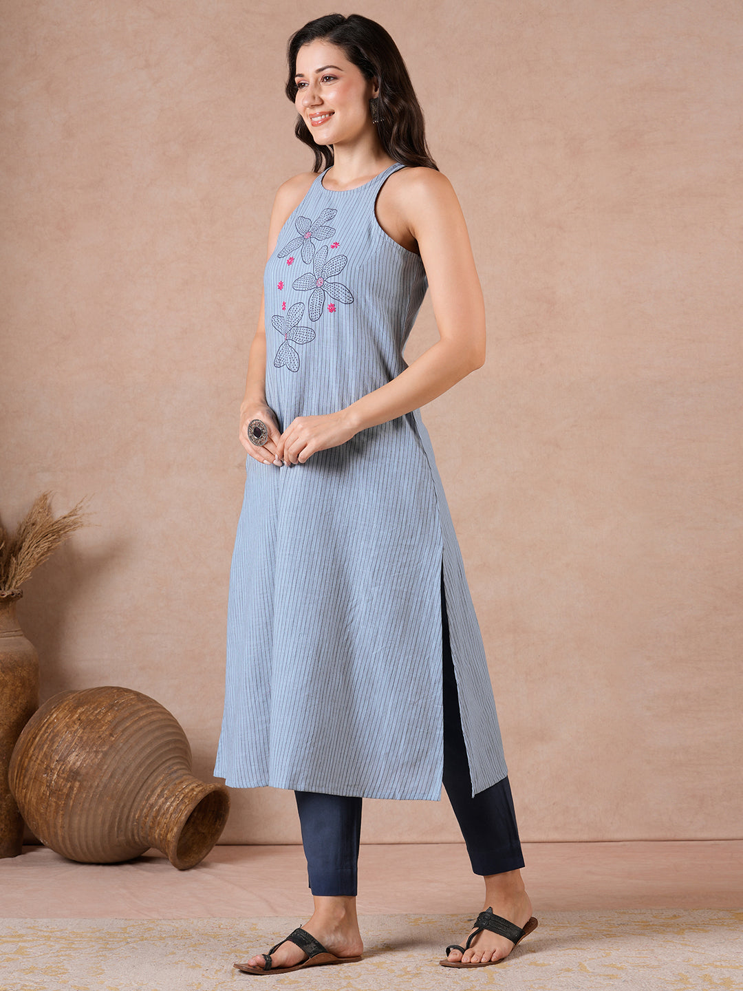 A-Line Cotton Stripe Kurta with Hand Block Print & Hand Embroidery.