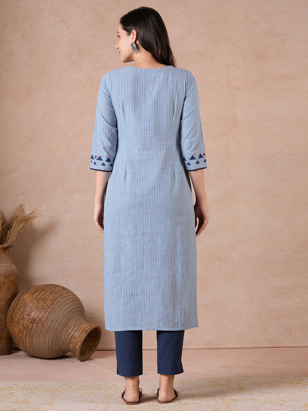 Straight Fit Cotton Stripe Kurta with Block Print, Handwork & Eyelet Buttons.