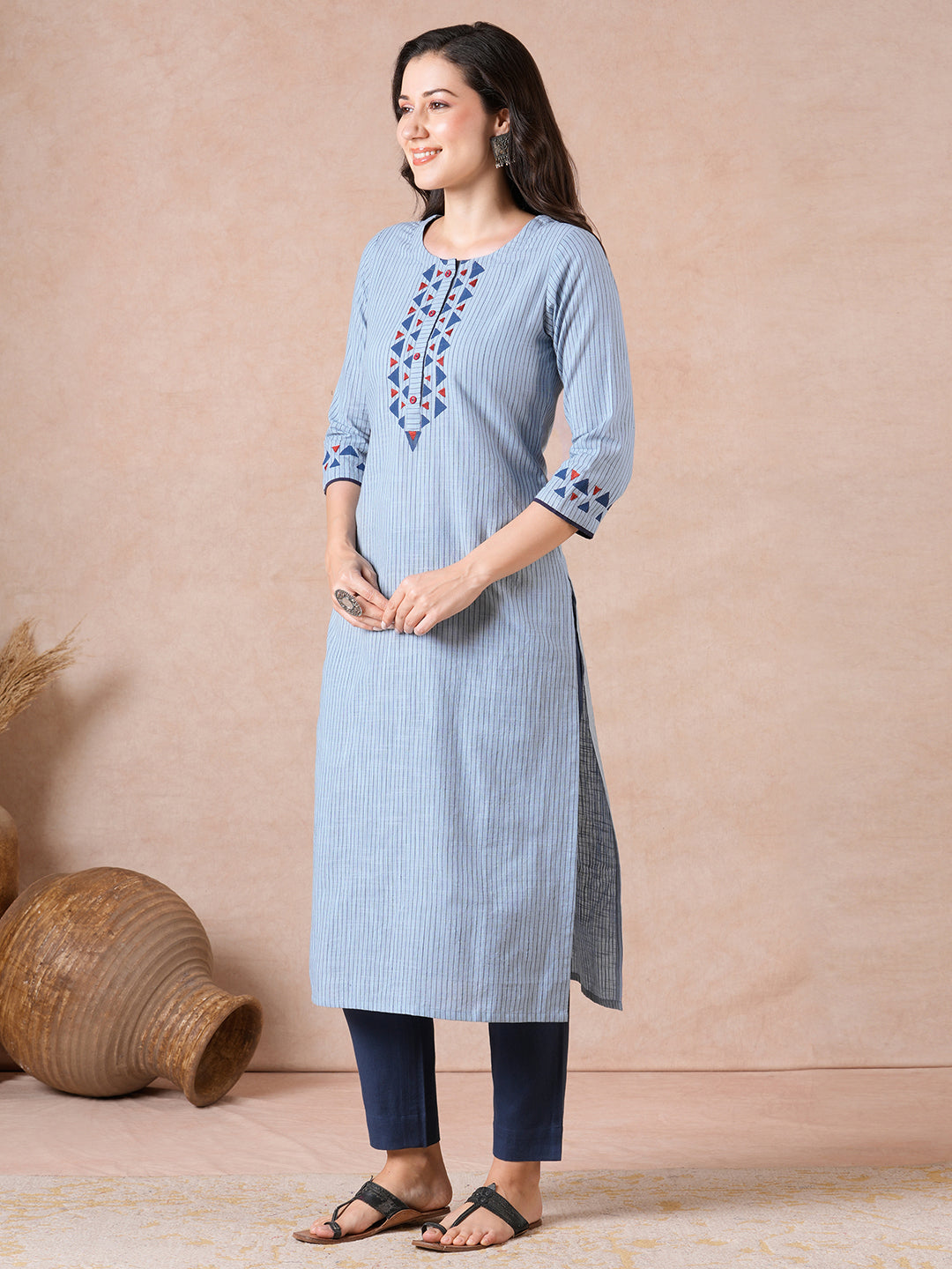 Straight Fit Cotton Stripe Kurta with Block Print, Handwork & Eyelet Buttons.
