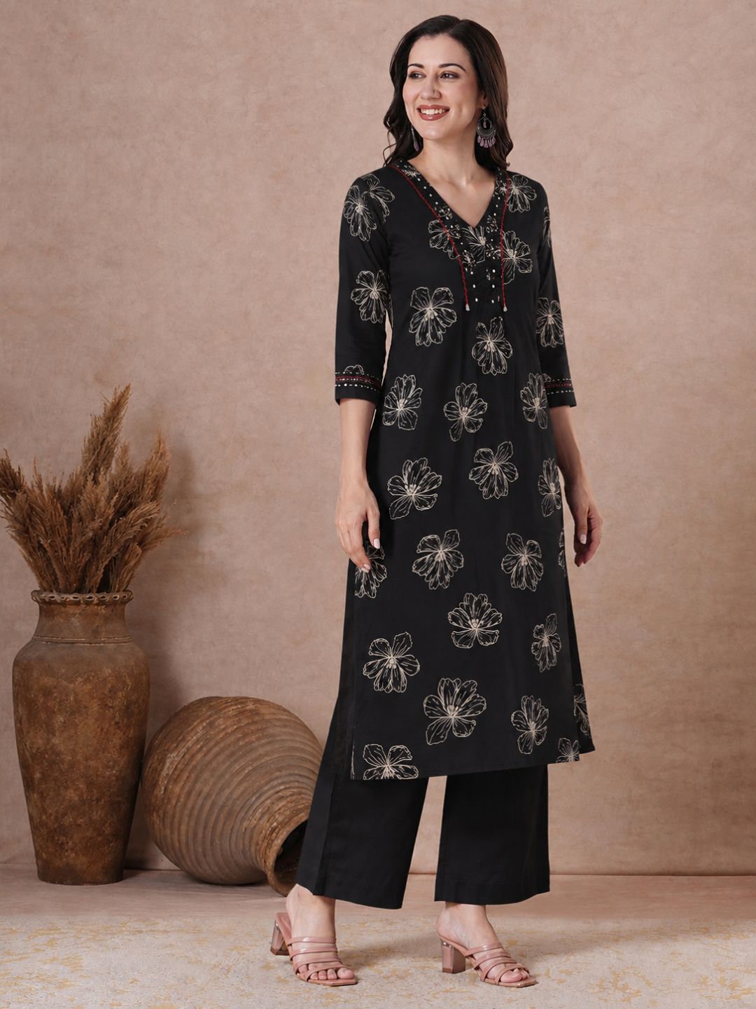 Pocketed A-Line Cotton Printed Kurta with Smocking & Hand Work.