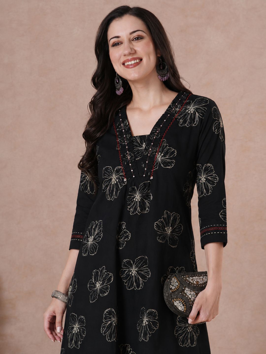 Pocketed A-Line Cotton Printed Kurta with Smocking & Hand Work.