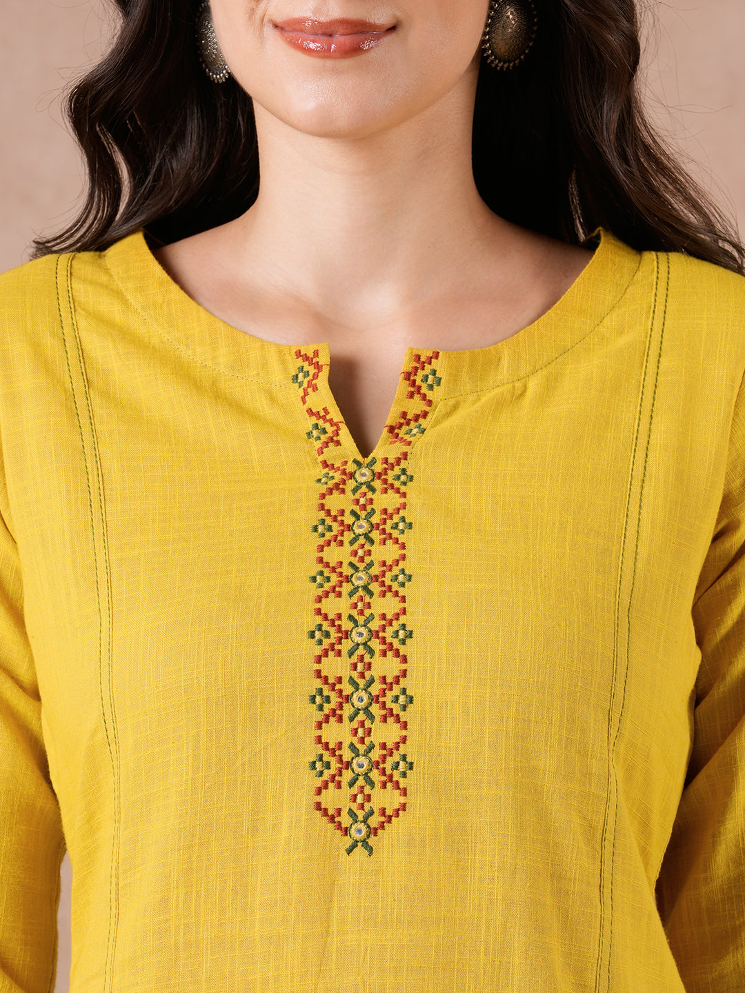 Straight Fit Cotton Slub Kurta with Rabari Embroidery & Block Print Trim.