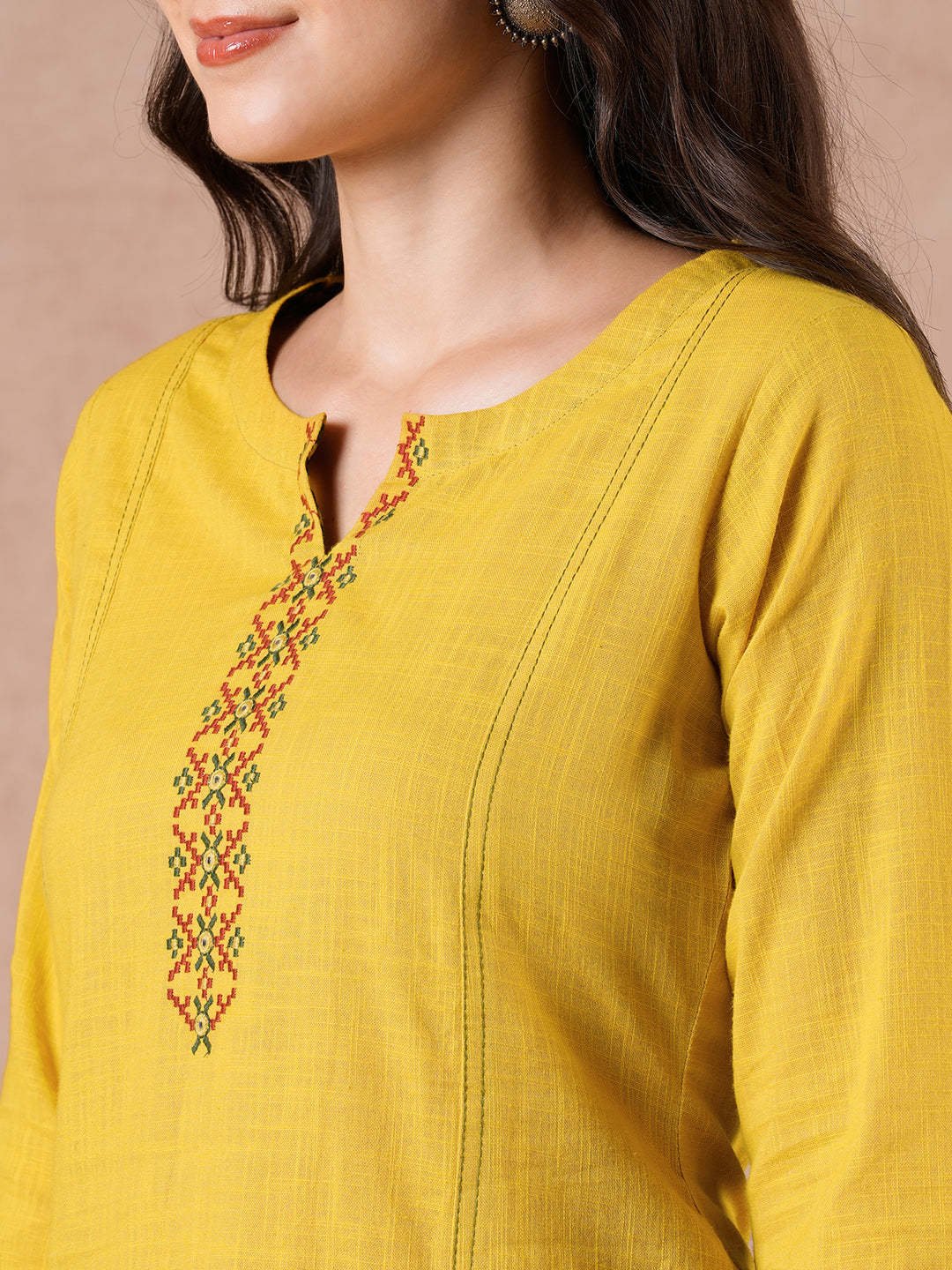 Straight Fit Cotton Slub Kurta with Rabari Embroidery & Block Print Trim.
