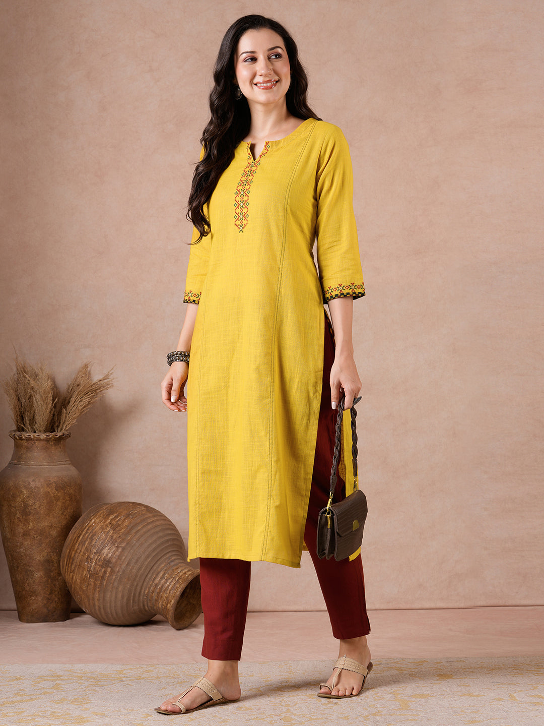 Straight Fit Cotton Slub Kurta with Rabari Embroidery & Block Print Trim.