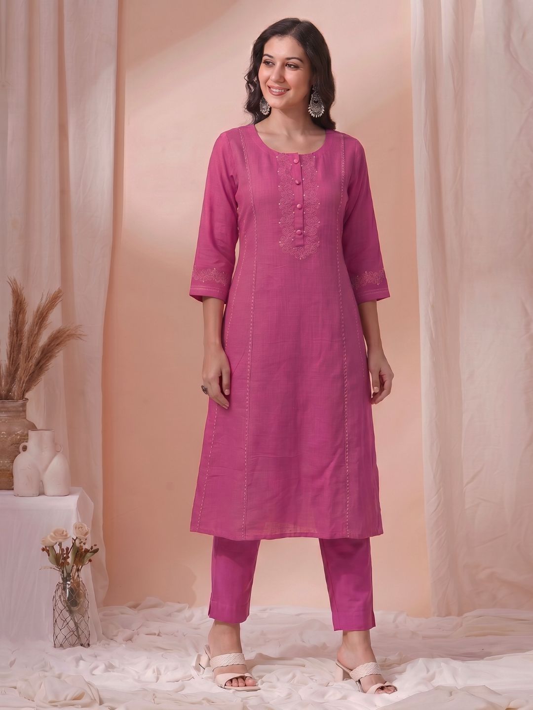 Pink A-Line Cotton Slub Kurta with Dori Work & featuring princess line panels.