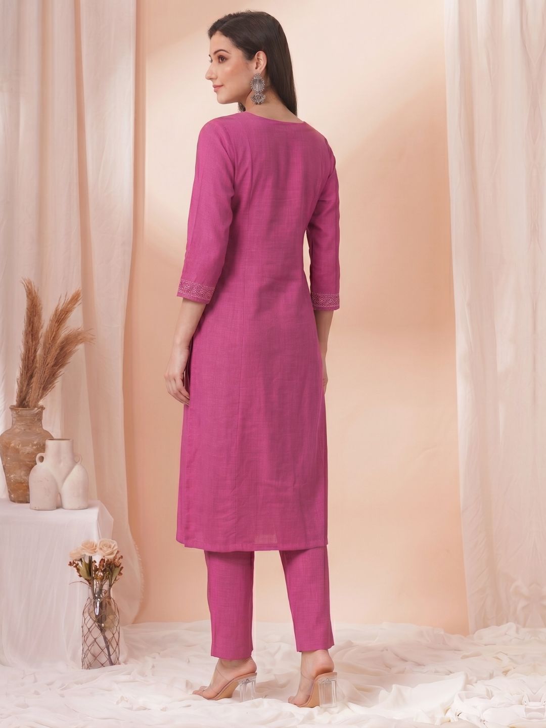 Pink A-Line Cotton Slub Kurta with Dori Work & featuring princess line panels.