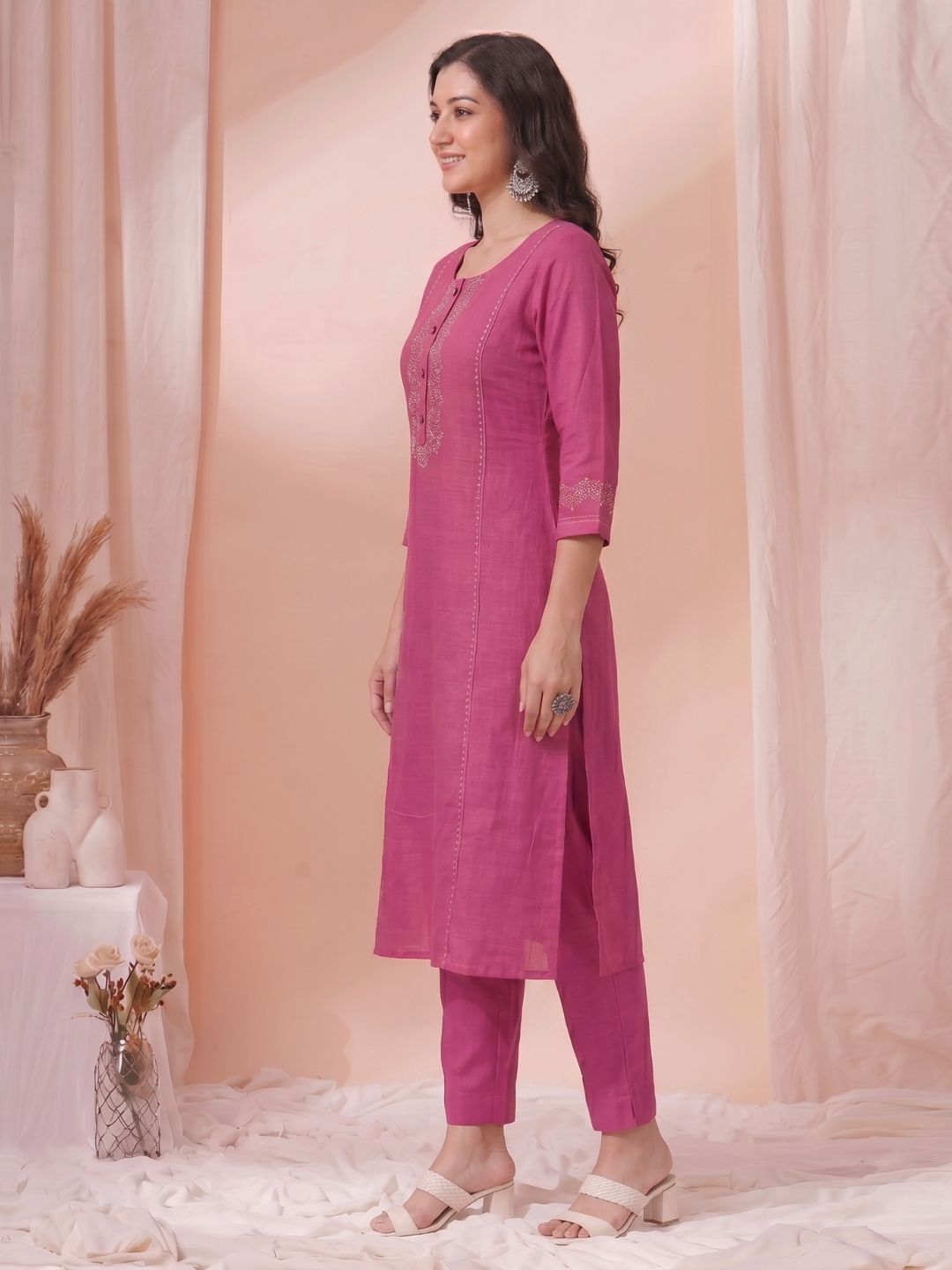 Pink A-Line Cotton Slub Kurta with Dori Work & featuring princess line panels.