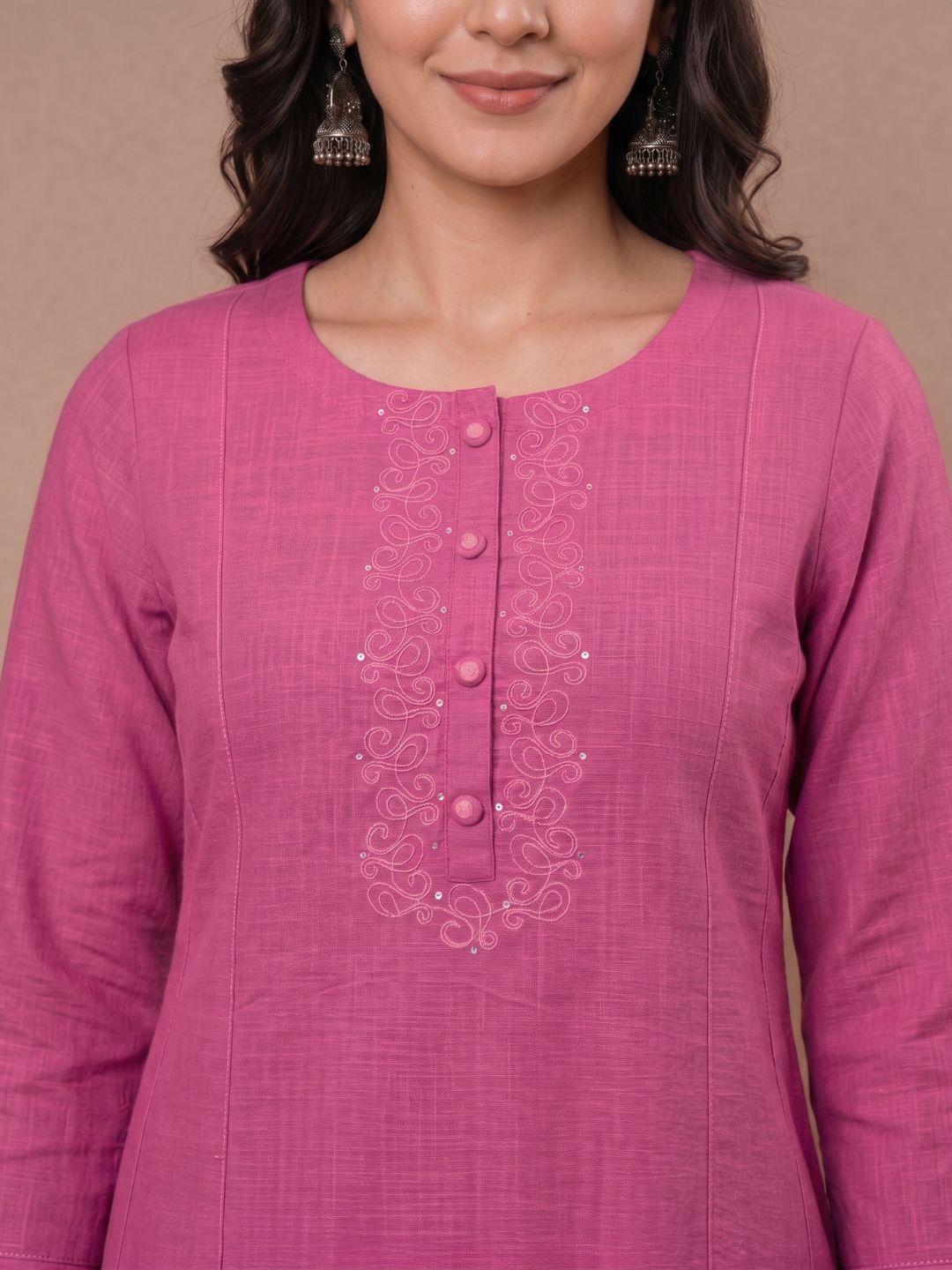 Pink A-Line Cotton Slub Kurta with Dori Work & featuring princess line panels.